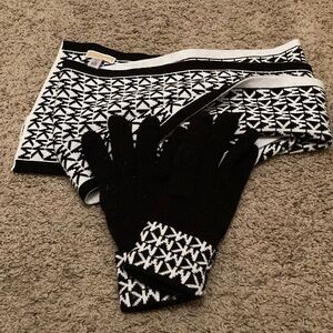 Michael Kors Black and White Knit Scarf and Gloves Set